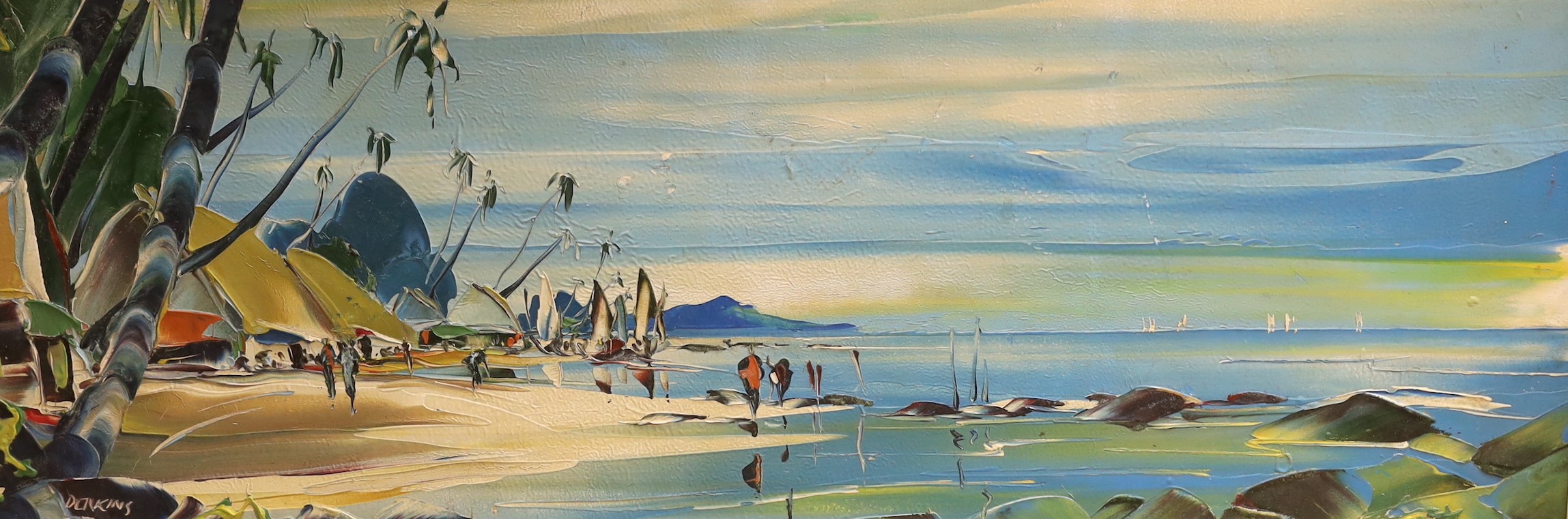 George Deakins (1911-1992), oil on board, 'Beach scene, St Lucia', signed, 30 x 83cm